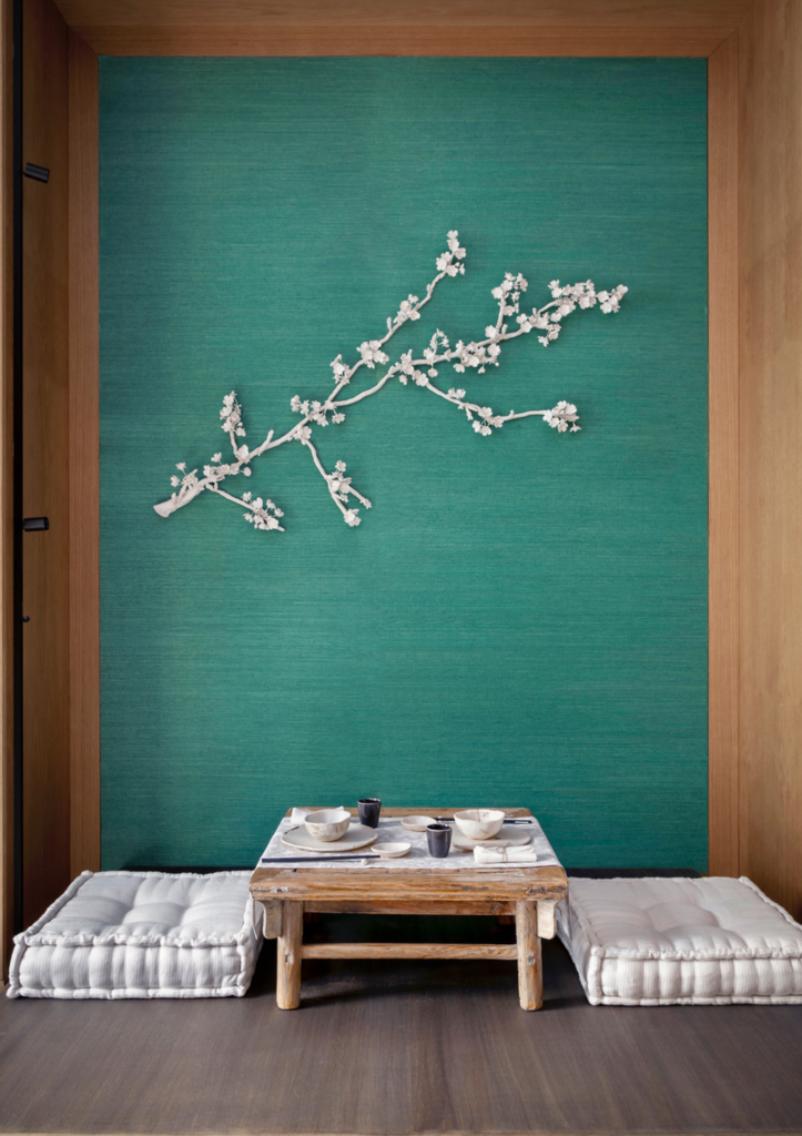 mural de cerezo japones de sai ceramics en pared de color verde